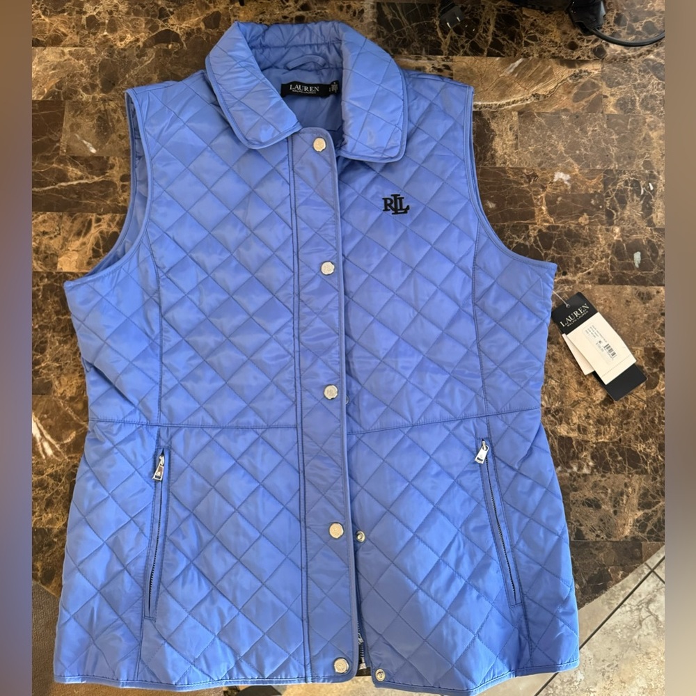 Brand New Large Lauren Ralph Lauren Quilted Bomber Vest Blue